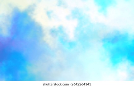 Colorful watercolor background of abstract sunset sky with puffy clouds in pastel rainbow colors of pink blue yellow orange and purple