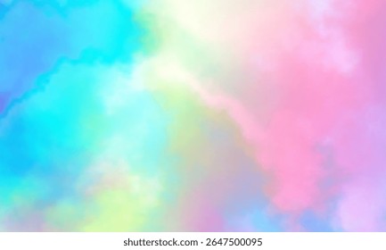 Colorful watercolor background of abstract sunset sky with puffy clouds in pastel rainbow colors of pink blue yellow orange and purple