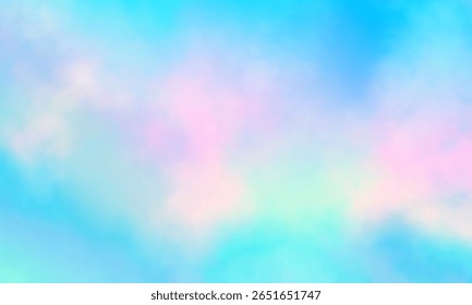 Colorful watercolor background of abstract sunset sky with puffy clouds in pastel rainbow colors of pink blue yellow orange and purple