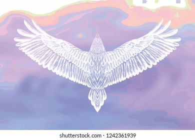 Colorful watercolor background with hand drawn raven. Flying bird in che cloudy sky.