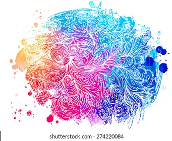 Colorful watercolor background with ornate paisley pattern, stains and white stokes, vector illustration