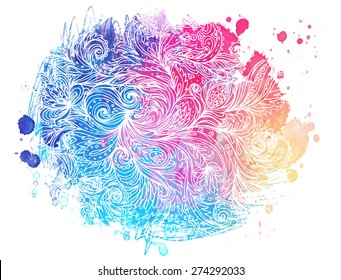 Colorful watercolor background with ornate paisley pattern, stains and white stokes, vector illustration