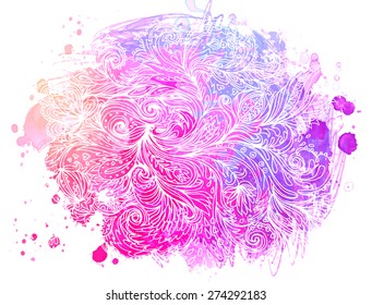 Colorful watercolor background with ornate paisley pattern, stains and white stokes, vector illustration