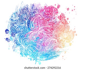 Colorful watercolor background with ornate paisley pattern, stains and white stokes, vector illustration