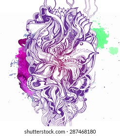 Colorful watercolor background with ornate paisley pattern, spots, vector illustration purple. The tattoo or t-shirt