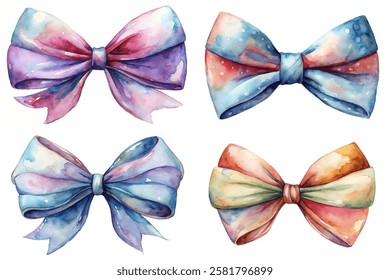 Colorful watercolor bows, artistic design, vibrant hues, decorative elements, perfect for crafts, invitations, and gifts.