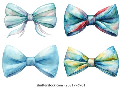 Colorful watercolor bows, artistic design, vibrant patterns, decorative elements, fashion accessories, gift wrapping, creative illustrations.