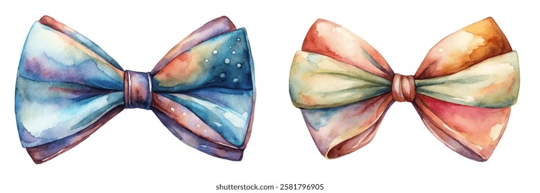 Colorful watercolor bows, artistic design, vibrant hues, decorative elements, fashion accessories, creative illustration.