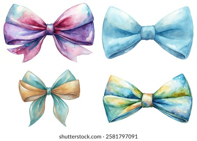 Colorful watercolor bows, artistic design, vibrant hues, decorative elements, gift wrapping, creative illustrations.