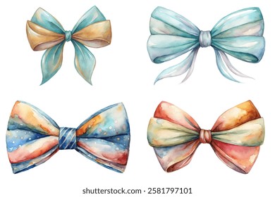 Colorful watercolor bows, artistic design, vibrant hues, decorative elements, gift wrapping, festive occasions.