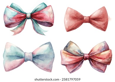 Colorful watercolor bows, elegant design, soft pastel hues, artistic illustration, perfect for gifts, festive decorations.