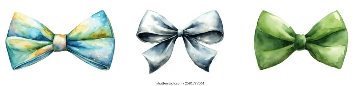 Colorful watercolor bows, elegant design, vibrant patterns, stylish accessories, perfect for gifts, festive occasions.