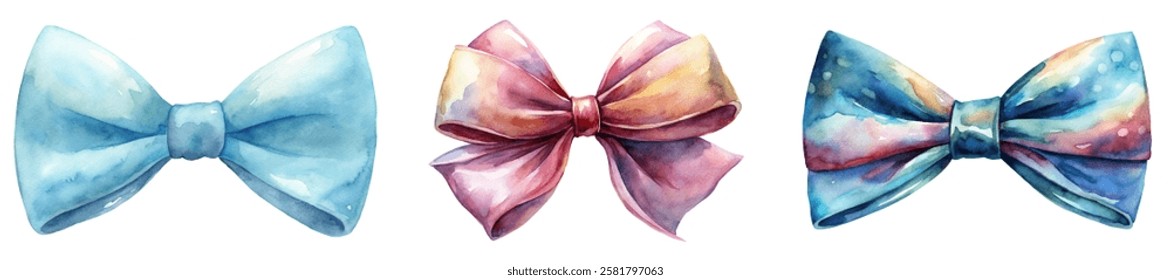 Colorful watercolor bows, elegant design, soft pastel shades, artistic style, perfect for invitations, gift wrapping.