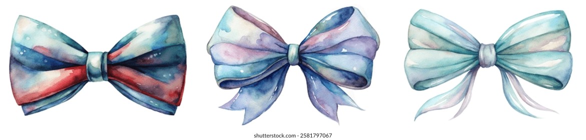 Colorful watercolor bows, elegant design, festive decoration, artistic style, gift wrapping, vibrant hues, soft textures.