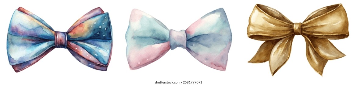 Colorful watercolor bows, elegant design, festive decorations, gift wrapping, artistic style, vibrant colors.