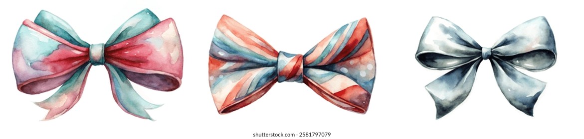 Colorful watercolor bows, elegant design, festive decorations, artistic style, gift wrapping, creative elements.