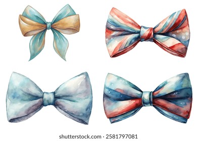 Colorful watercolor bows, elegant design, festive decorations, artistic style, gift wrapping accents.