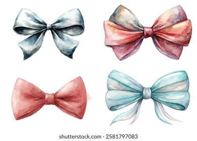 Colorful watercolor bows, elegant design, festive decorations, artistic style, gift wrapping, vibrant hues.