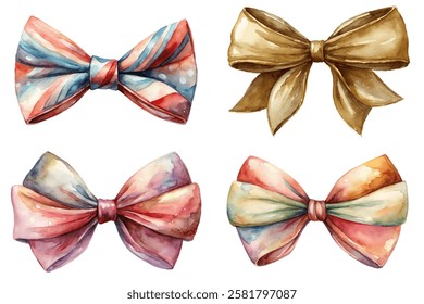 Colorful watercolor bows, elegant design, festive decorations, artistic style, gift wrapping, beautiful accessories.