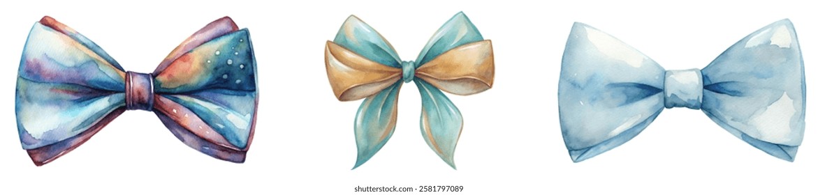 Colorful watercolor bows, elegant design, festive decorations, gift wrapping, artistic style, vibrant hues.