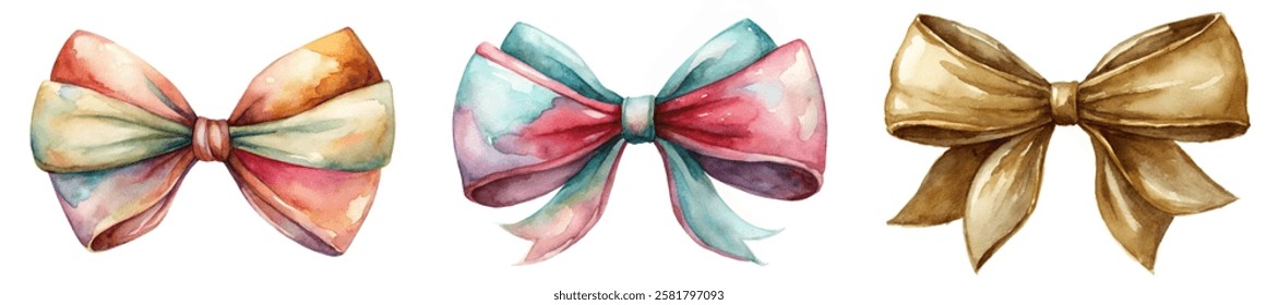 Colorful watercolor bows, elegant design, artistic style, festive decoration, gift wrapping, vibrant hues, creative illustration.