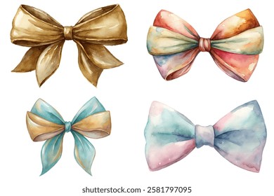 Colorful watercolor bows, elegant design, decorative ribbons, artistic style, gift wrapping, festive accents.