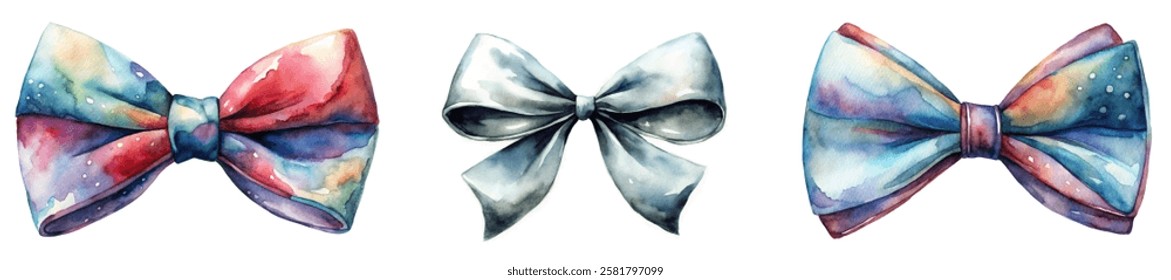 Colorful watercolor bows, elegant design, artistic style, perfect for invitations, gift wrapping, and festive decor.