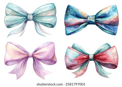 Colorful watercolor bows, elegant ribbon designs, artistic style, perfect for invitations, festive decorations, and crafts.