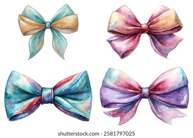 Colorful watercolor bows, elegant ribbon designs, artistic gift wrapping, festive decorations, vibrant hues.