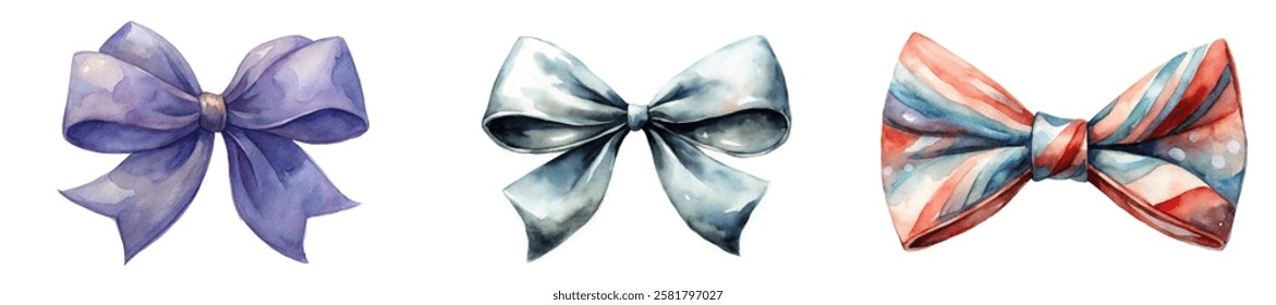 Colorful watercolor bows, elegant ribbon designs, festive decorations, gift wrapping accents, artistic illustrations.