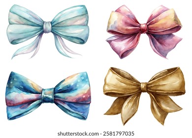 Colorful watercolor bows, elegant ribbon designs, artistic style, festive decorations, gift wrapping accents.