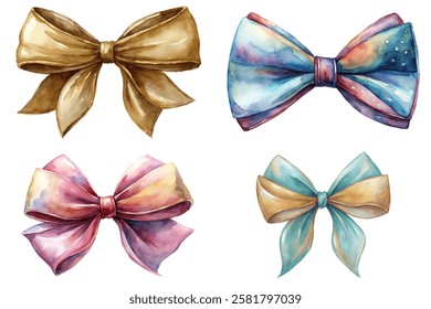 Colorful watercolor bows, elegant ribbon designs, festive decorations, gift wrapping accents, artistic illustrations.