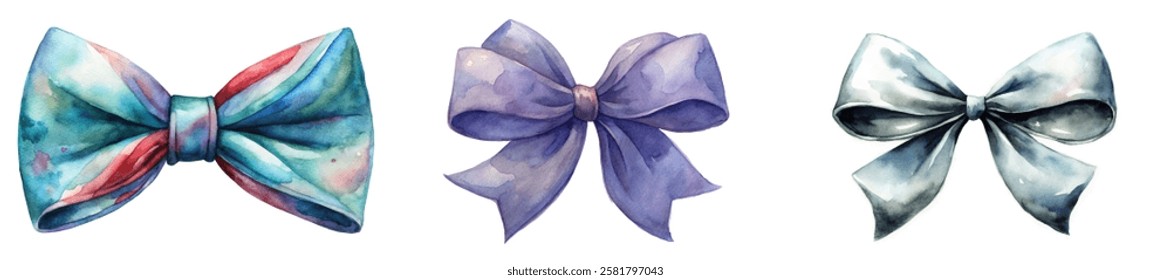 Colorful watercolor bows, elegant ribbon designs, artistic illustration, decorative elements for crafts, stylish gift wrapping.