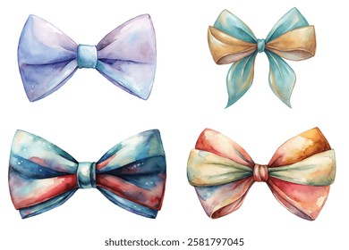 Colorful watercolor bows, elegant ribbon designs, artistic illustration, festive decorations, gift wrapping accents.