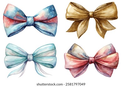 Colorful watercolor bows, elegant ribbon designs, festive decoration elements, artistic style, versatile for invitations.