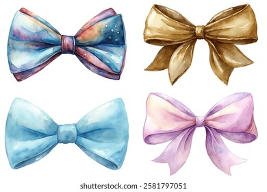 Colorful watercolor bows, elegant ribbon designs, artistic style, perfect for invitations, gift wrapping, and crafts.