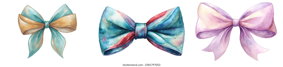 Colorful watercolor bows, elegant ribbon designs, artistic decoration elements, perfect for invitations, gift wrapping, and crafts.