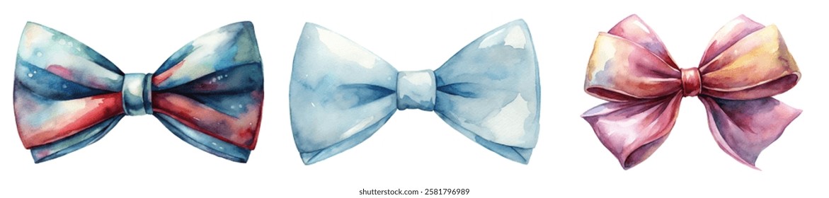 Colorful watercolor bows, vibrant design elements, artistic style, perfect for invitations, gift wrapping, and crafts.