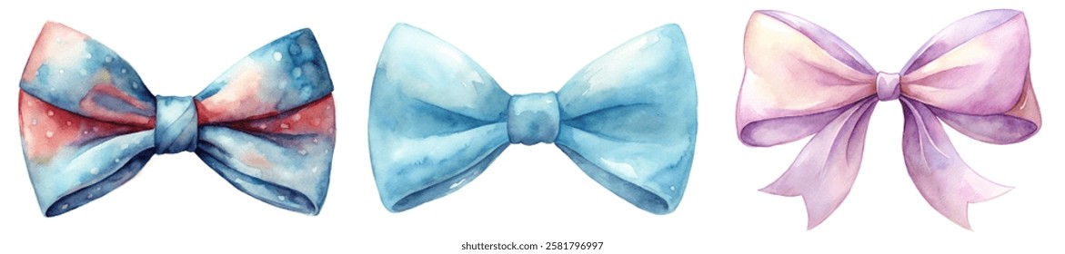 Colorful watercolor bows, vibrant design, artistic style, decorative elements, ideal for invitations, crafts, and gifts.