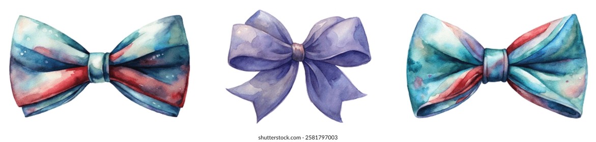 Colorful watercolor bows, vibrant design, artistic style, perfect for gifts, festive decorations, and fashion accessories.