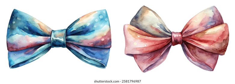 Colorful watercolor bows, vibrant hues, artistic design, fashion accessories, decorative elements, stylish presentation.