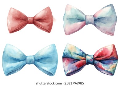 Colorful watercolor bows, vibrant pastel shades, artistic design, perfect for fashion, gift wrapping, and crafts.