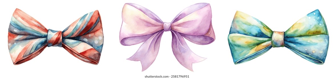 Colorful watercolor bows, vibrant patterns, elegant design, festive decorations, artistic illustrations, gift wrapping accents.