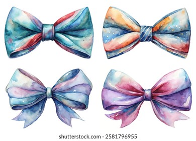 Colorful watercolor bows, vibrant patterns, artistic design, festive decorations, gift wrapping accessories.