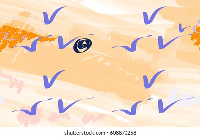 Colorful watercolor brush strokes with abstract birds. Abstract seamless pattern. Universal bright background for greeting cards, invitations. Had drawn ink and marker watercolor texture.