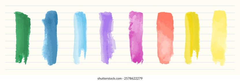 Colorful watercolor brush strokes in green, blue, purple, pink, red, orange, and yellow on lined paper. Vibrant brush strokes create a lively, artistic pattern. Watercolor element vector set.