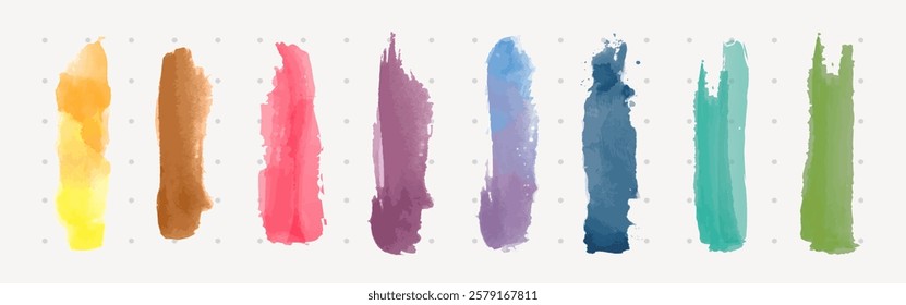 Colorful watercolor brush strokes in a row, featuring shades of yellow, brown, red, pink, purple, blue, and green on a light background with small dots. Watercolor element vector set.