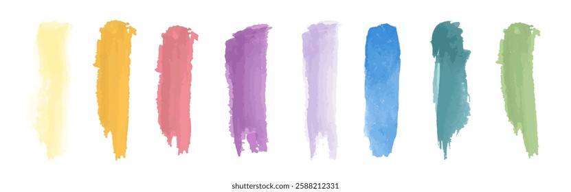 Colorful watercolor brush strokes in a row, featuring shades of yellow, orange, red, pink, purple, blue, teal, and green. Artistic and vibrant design elements. Watercolor element vector set.