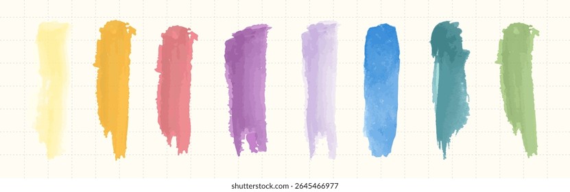 Colorful watercolor brush strokes in a row. Vibrant brush strokes in various hues. Artistic watercolor strokes on a light background. Creative brush strokes display. Watercolor element vector set.