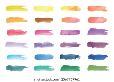 Colorful watercolor brush strokes in various shades. Brush strokes in yellow, orange, pink, purple, blue, and green. Vibrant watercolor brush strokes. Element vector set.